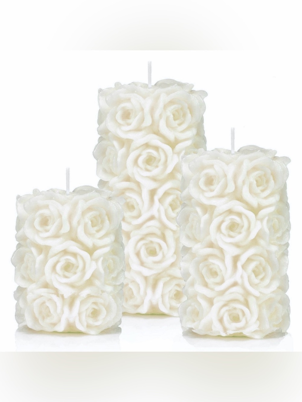 White Rose Sculpted Pillar Candle Trio - Elegant Floral Accent
